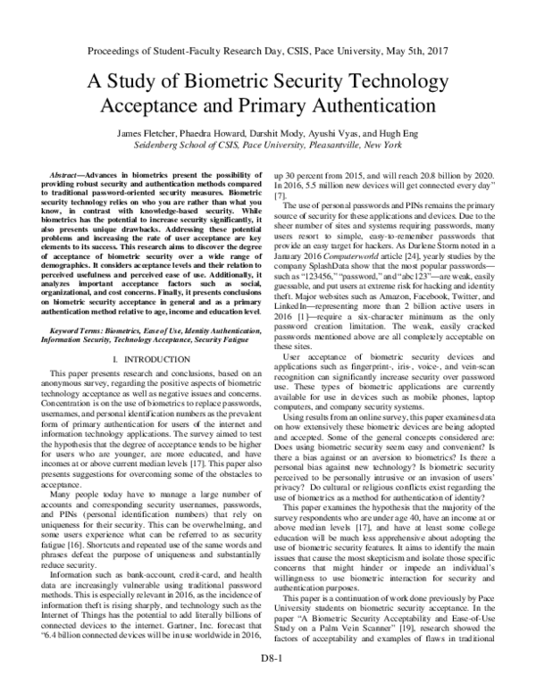 (PDF) A Study of Biometric Security Technology Acceptance and Primary ...