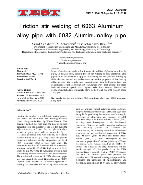 (PDF) Friction stir welding of 6063 Aluminum alloy pipe with 6082 ...