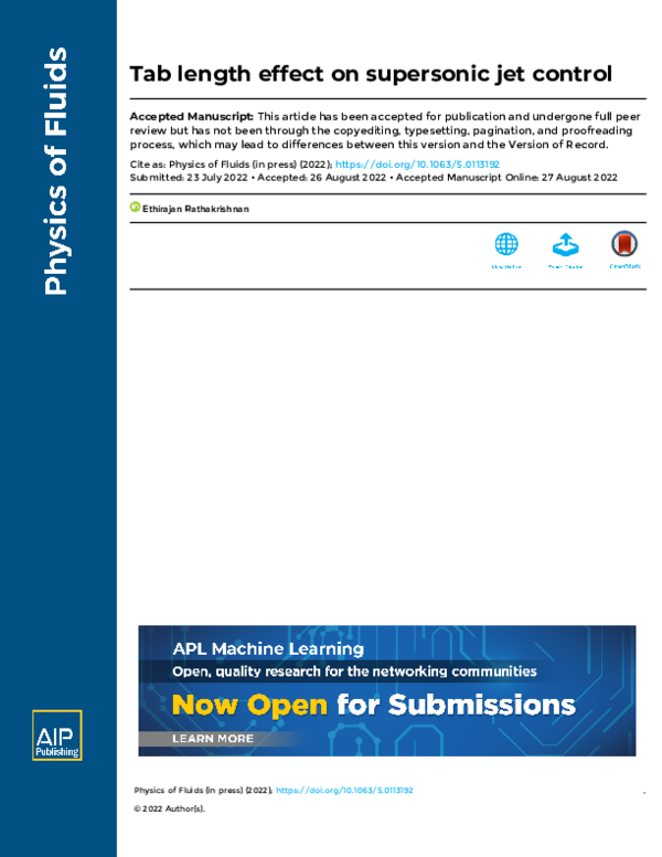 (PDF) Effect of tab length on supersonic jet mixing