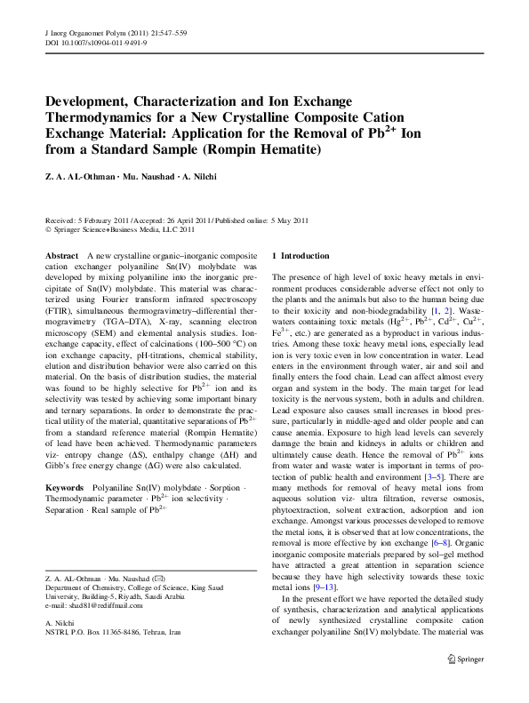 (PDF) Development, Characterization and Ion Exchange Thermodynamics for ...