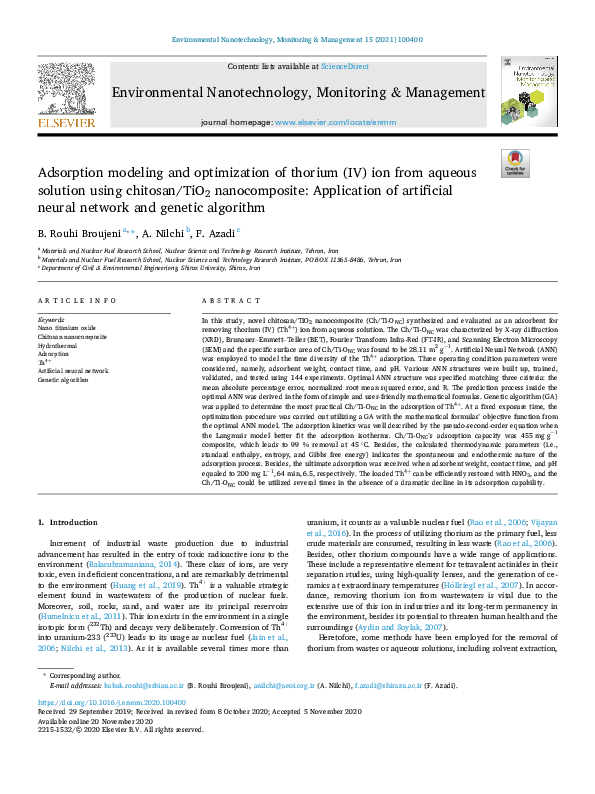  pdf adsorption modeling and optimization of thorium iv ion from