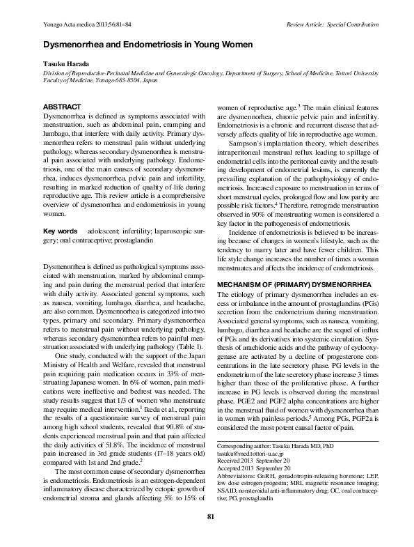 (PDF) Dysmenorrhea and endometriosis in young women
