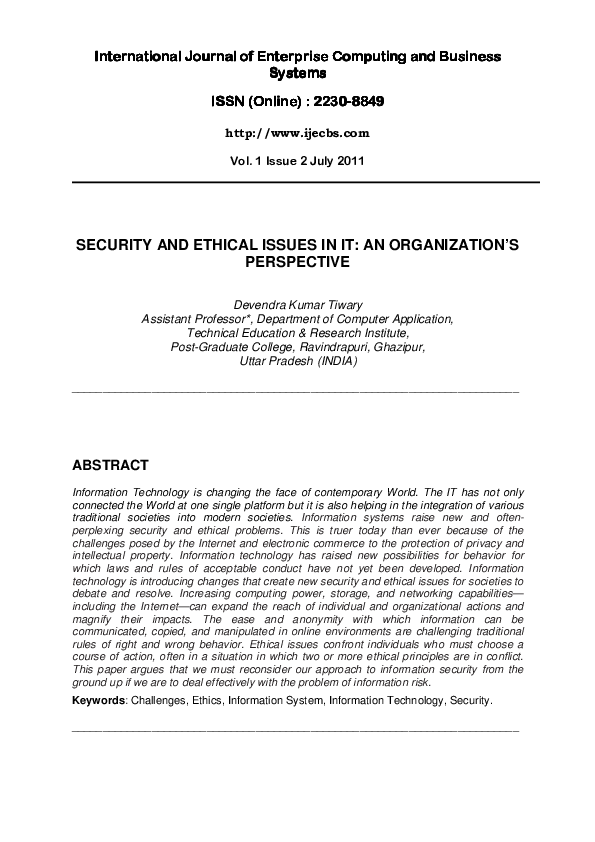 (PDF) Security and Ethical Issues in It: An Organization's Perspective
