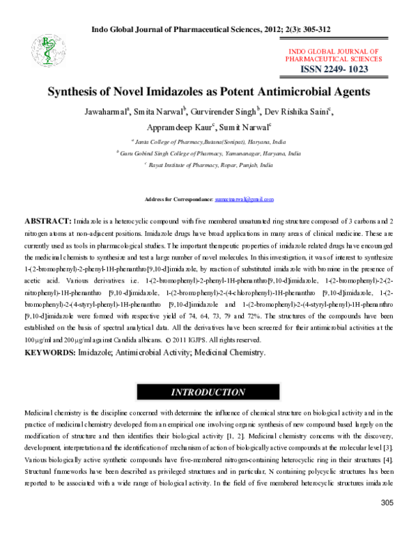 (PDF) Synthesis of Novel Imidazoles as Potent Antimicrobial Agents
