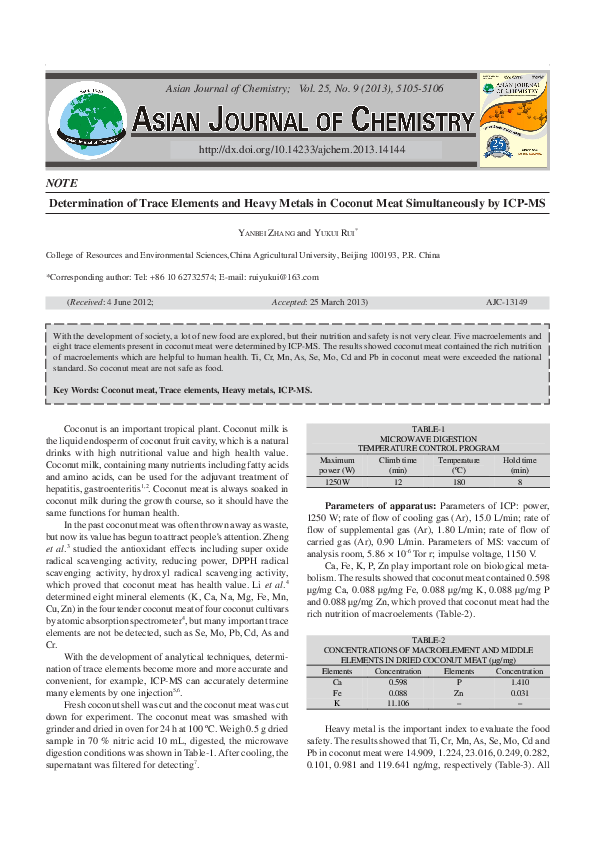 (PDF) Determination of Trace Elements and Heavy Metals in Coconut Meat ...