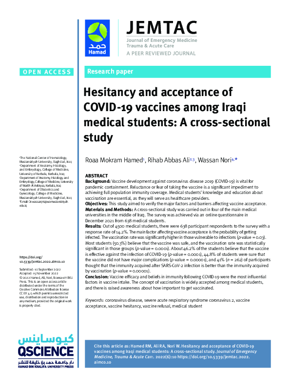 (PDF) Hesitancy and acceptance of COVID-19 vaccines among Iraqi medical ...