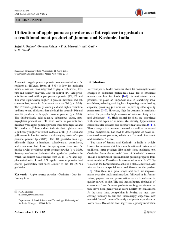 (PDF) Utilization of apple pomace powder as a fat replacer in goshtaba ...
