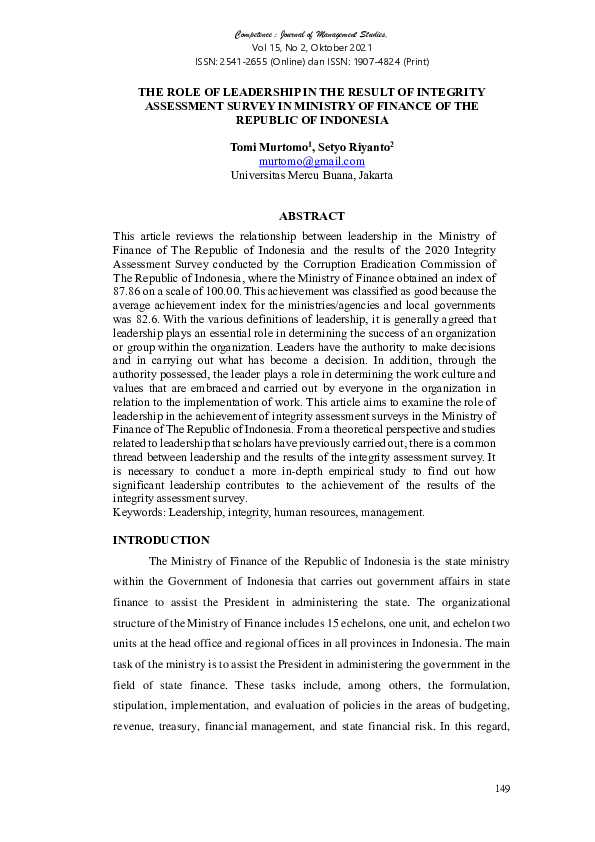 (PDF) The Role Of Leadership In The Result Of Integrity Assessment ...