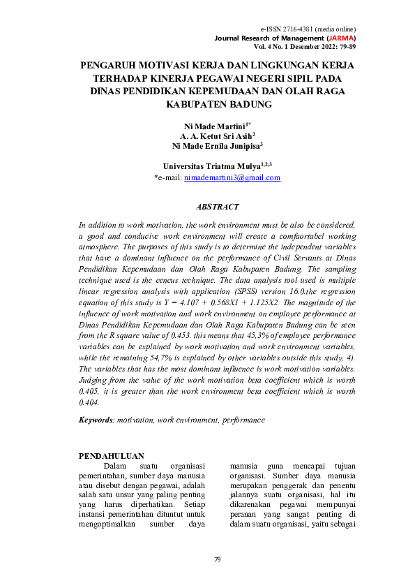 Pdf Pengaruh Motivasi Kerja Dan Lingkungan Kerja Terhadap Kinerja