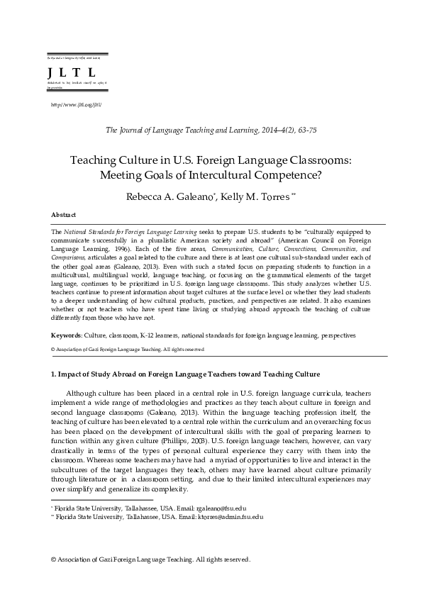 (PDF) Teaching Culture in U.S. Foreign Language Classrooms: Meeting ...