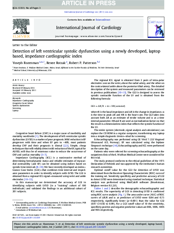 (PDF) Detection of left ventricular systolic dysfunction using a newly ...