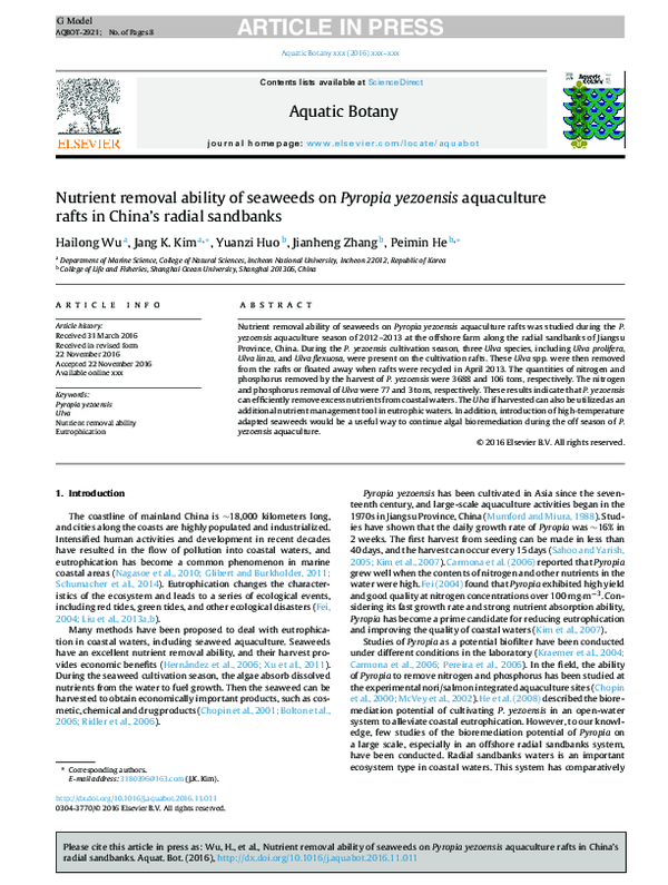 (PDF) Nutrient removal ability of seaweeds on Pyropia yezoensis ...