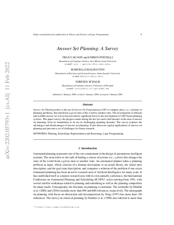 (PDF) Answer Set Planning: A Survey