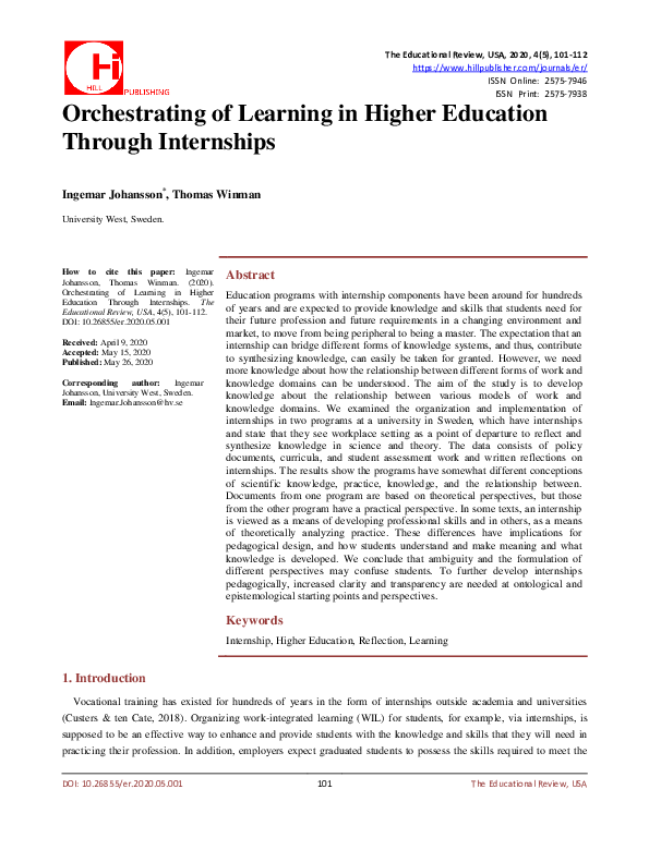 (PDF) Orchestrating of Learning in Higher Education Through Internships