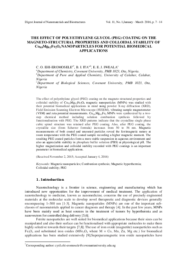 (PDF) THE EFFECT OF POLYETHYLENE GLYCOL (PEG) COATING ON THEMAGNETO ...
