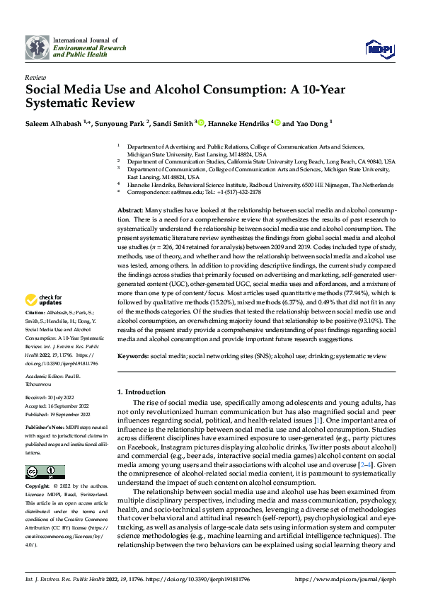 (PDF) Social Media Use and Alcohol Consumption: A 10-Year Systematic Review