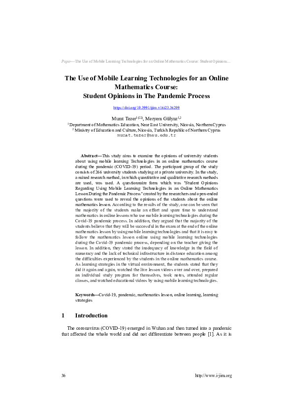 (PDF) The Use of Mobile Learning Technologies for an Online Mathematics ...