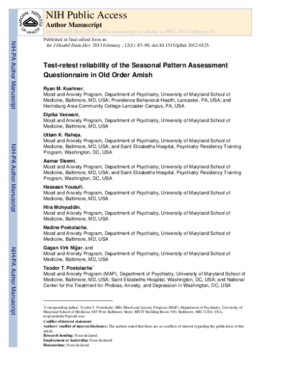 (PDF) Testretest reliability of the Seasonal Pattern Assessment