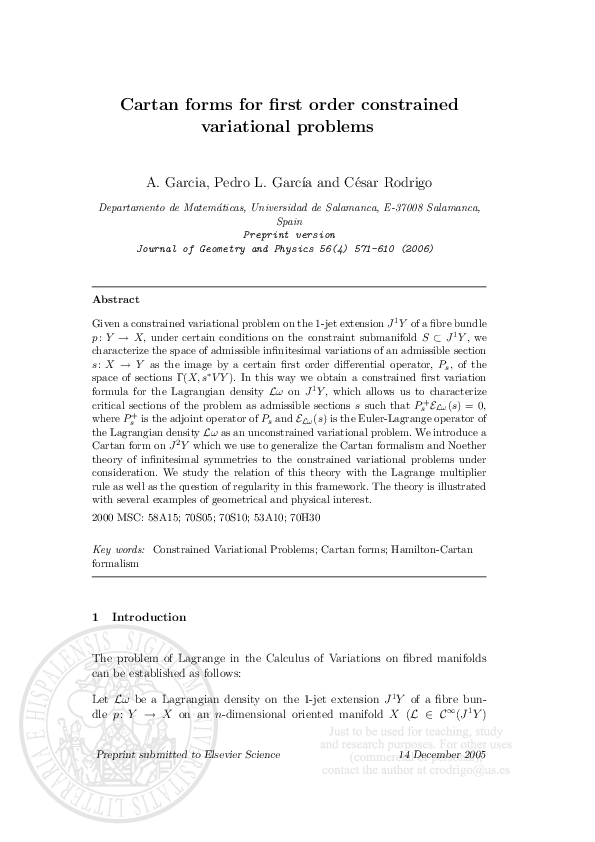 (PDF) Cartan forms for first order constrained variational problems