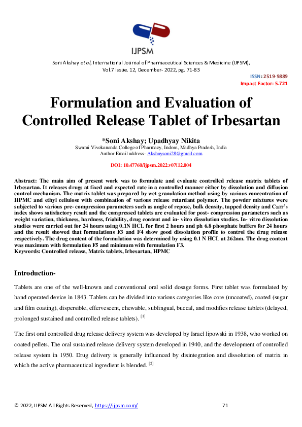 (PDF) Formulation and Evaluation of Controlled Release Tablet of Irbesartan