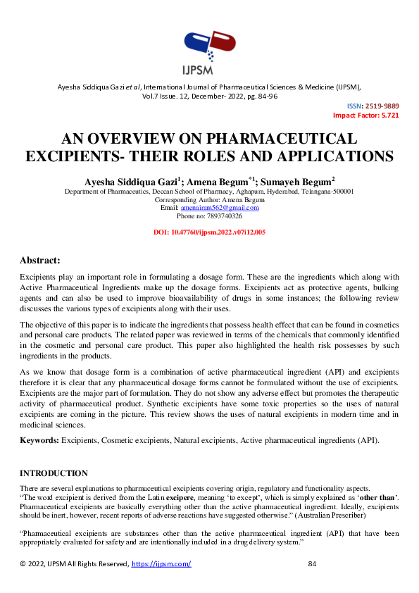 (PDF) AN OVERVIEW ON PHARMACEUTICAL EXCIPIENTS- THEIR ROLES AND ...