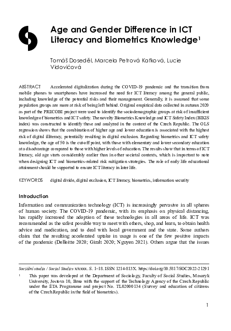 (PDF) Age and gender difference in ICT literacy and biometrics knowledge