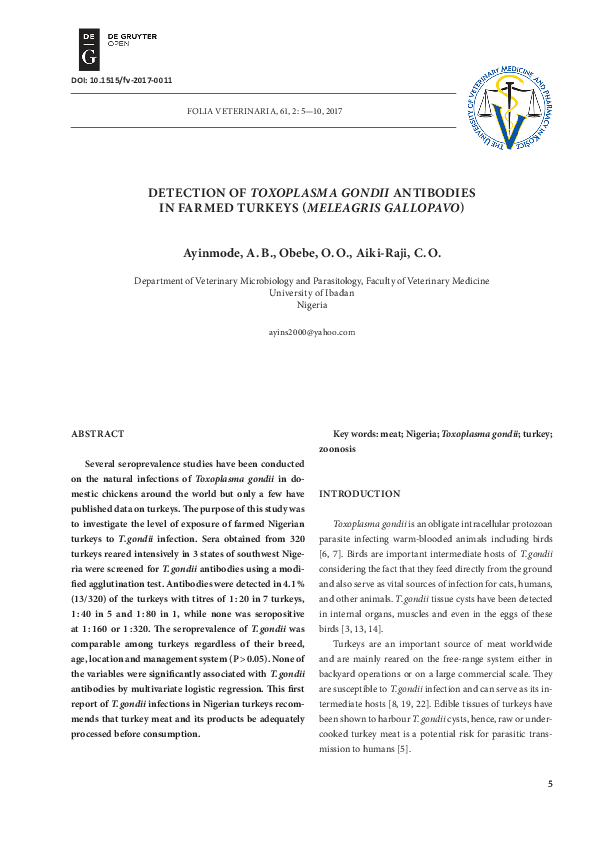 (PDF) Detection of Toxoplasma Gondii Antibodies in Farmed Turkeys ...
