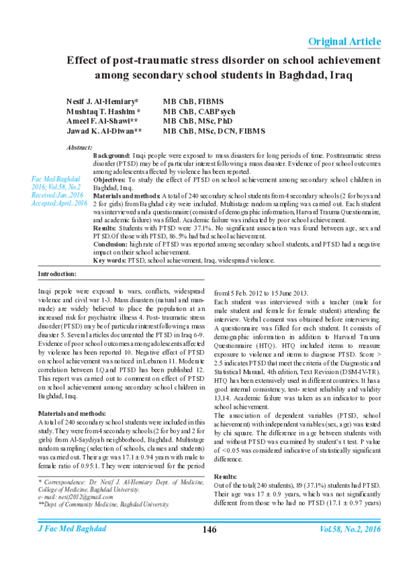 (PDF) Effect of post-traumatic stress disorder on school achievement ...
