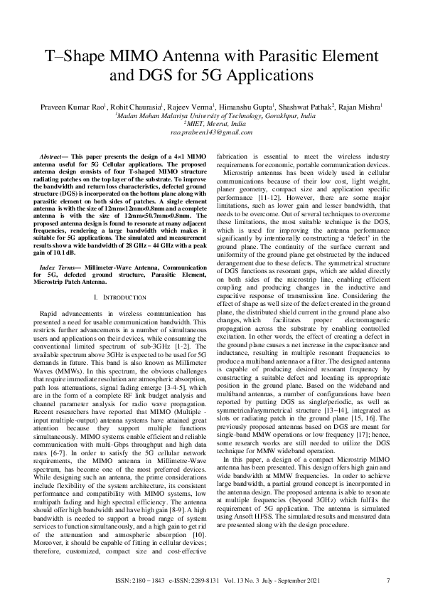 (PDF) T–Shape MIMO Antenna with Parasitic Element and DGS for 5G ...