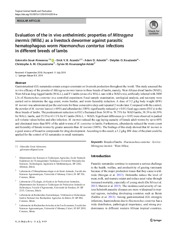 (PDF) Evaluation of the in vivo anthelmintic properties of Mitragyna ...