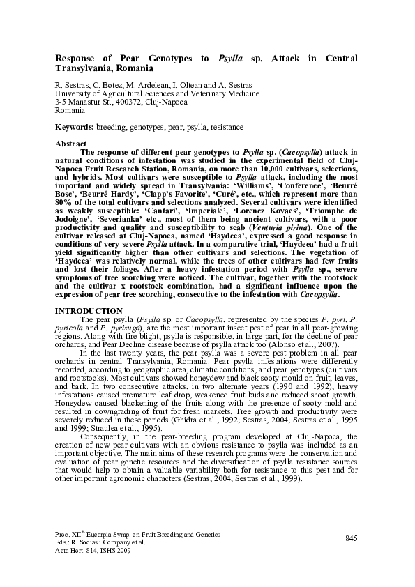 (PDF) Response of Pear Genotypes to Psylla Sp. Attack in Central ...