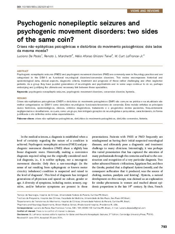 (PDF) Psychogenic nonepileptic seizures and psychogenic movement ...