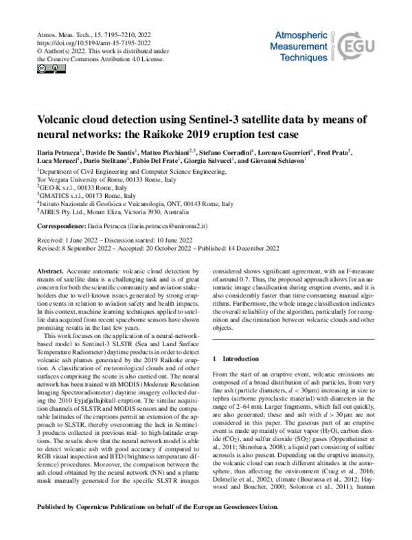 Pdf Volcanic Cloud Detection Using Sentinel 3 Satellite Data By Means
