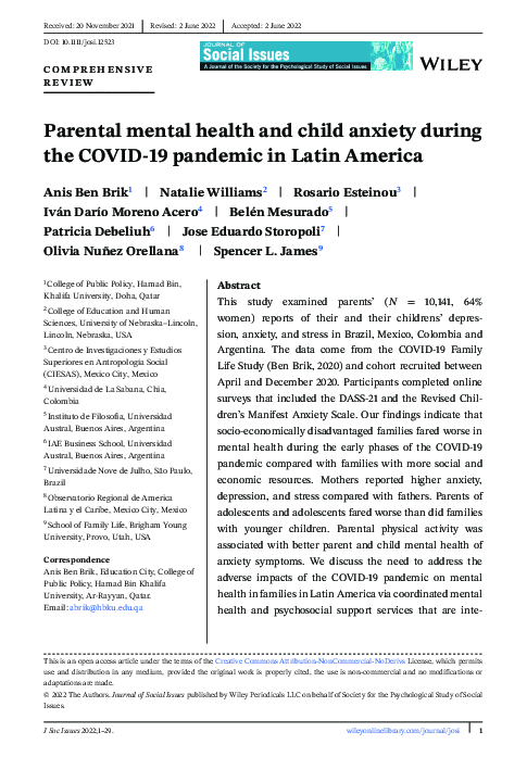 (PDF) Parental mental health and child anxiety during the COVID‐19 ...