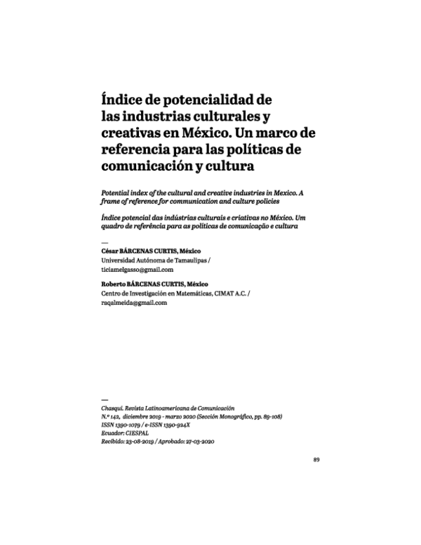(PDF) Índice de potencialidad de las industrias culturales y creativas ...