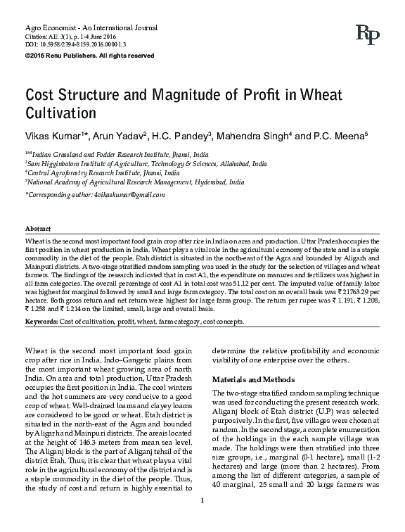 (PDF) Cost Structure and Magnitude of Profit in Wheat Cultivation