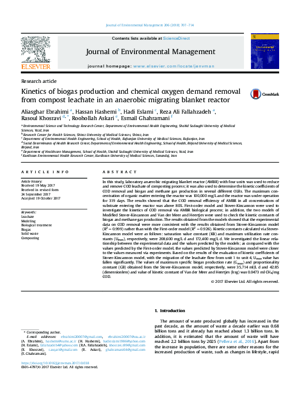 (PDF) Kinetics of biogas production and chemical oxygen demand removal ...