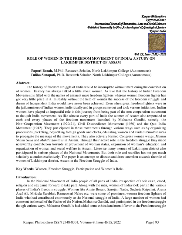 (PDF) ROLE OF WOMEN IN THE FREEDOM MOVEMENT OF INDIA: A STUDY ON ...