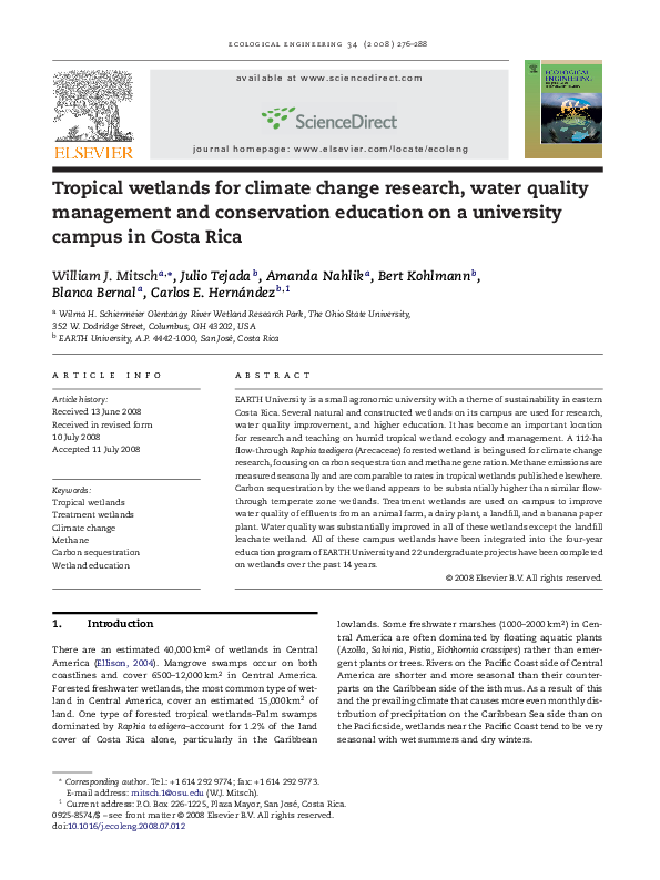 Tropical wetlands for climate change research, water quality management and conservation education on a university campus in Costa Rica