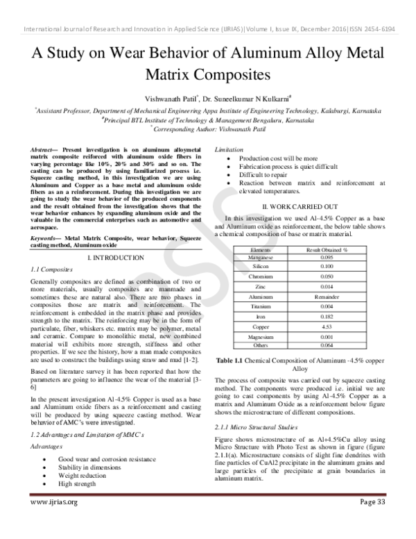 (PDF) A Study on Wear Behavior of Aluminum Alloy Metal Matrix Composites