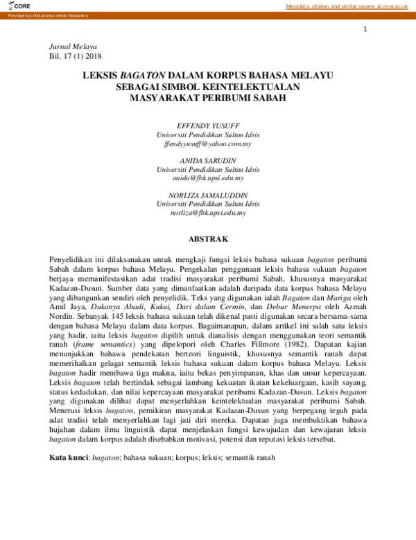 (PDF) Leksis bagaton dalam korpus Bahasa Melayu sebagai simbol ...
