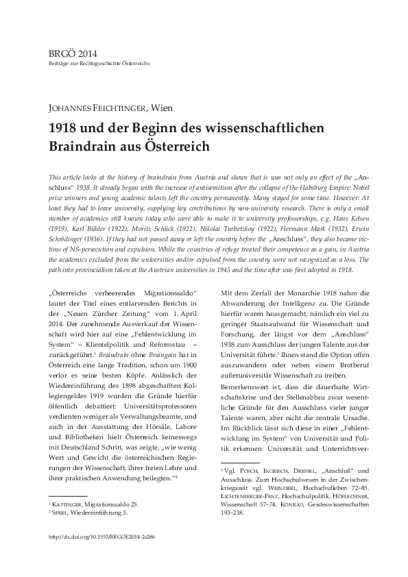 (PDF) 1918 und der Beginn des wissenschaftlichen Braindrain aus Österreich