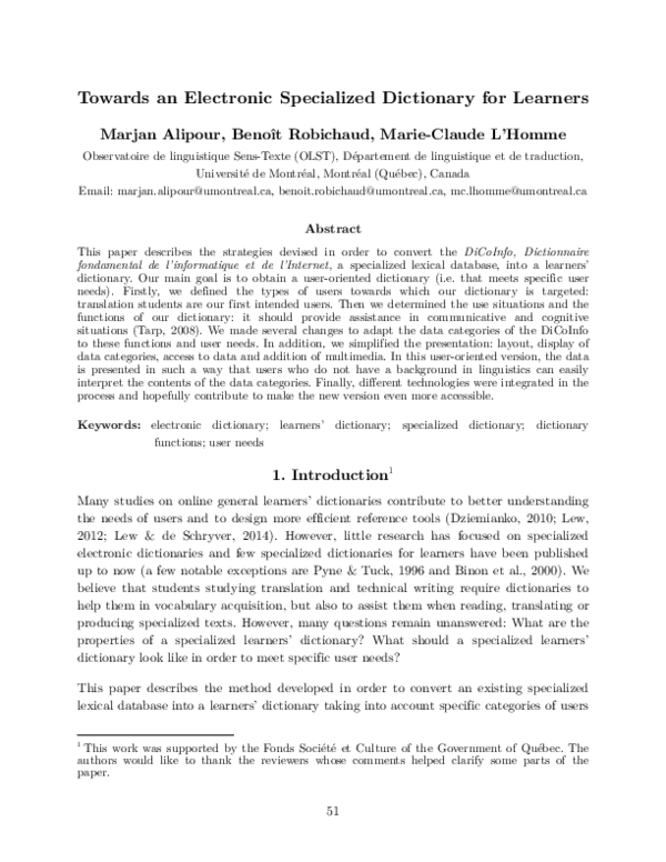 (PDF) Towards an Electronic Specialized Dictionary for Learners