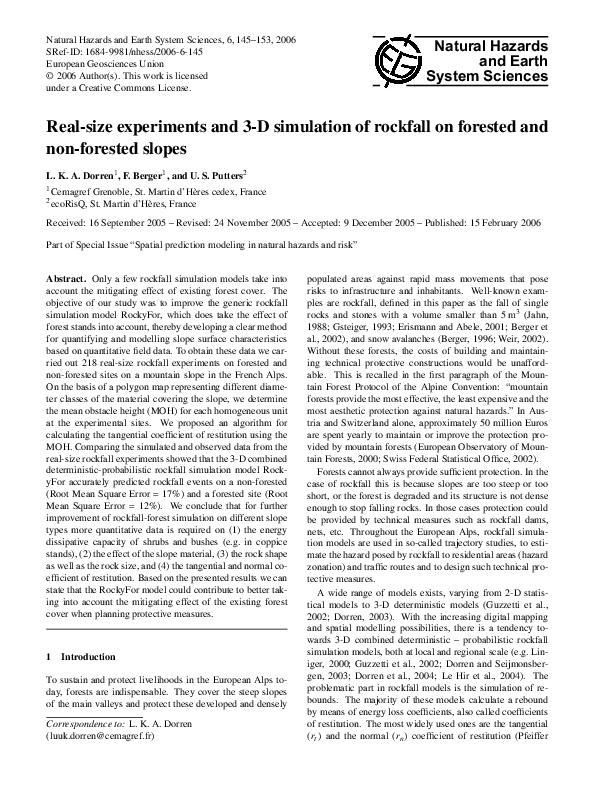 (PDF) Real-size experiments and 3-D simulation of rockfall on forested ...