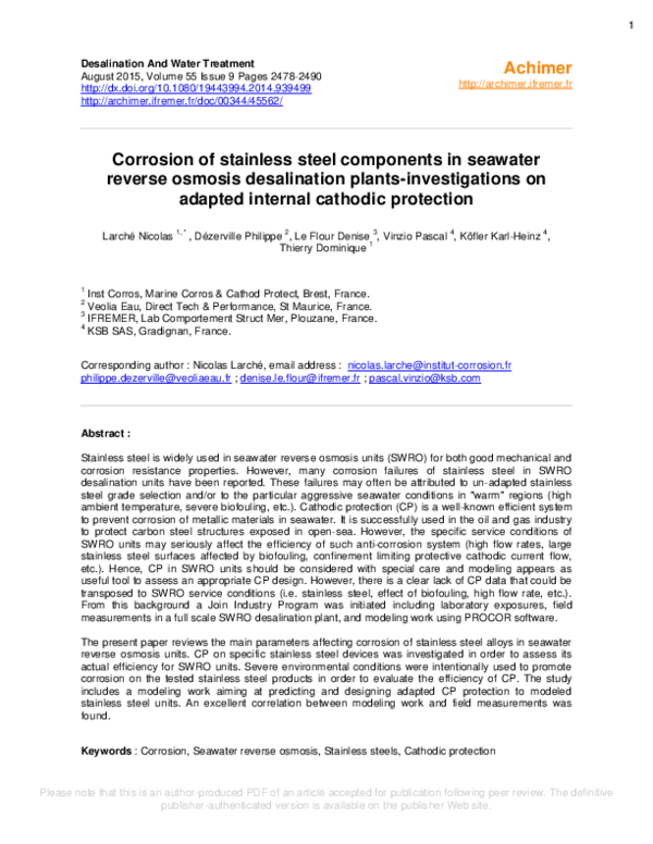 (PDF) Corrosion of stainless steel components in seawater reverse ...