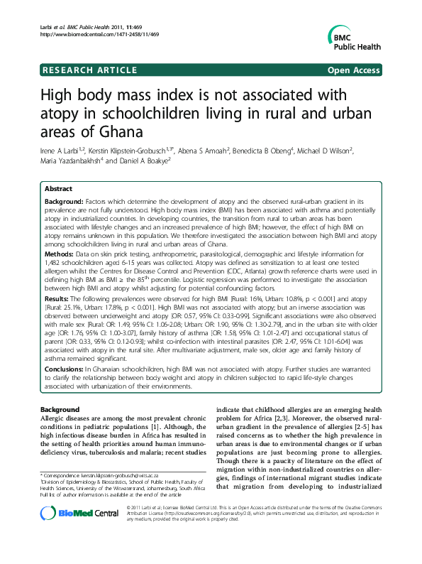 (PDF) High body mass index is not associated with atopy in ...