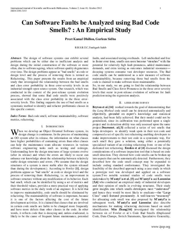(PDF) Can Software Faults be Analyzed using Bad Code Smells? : An ...