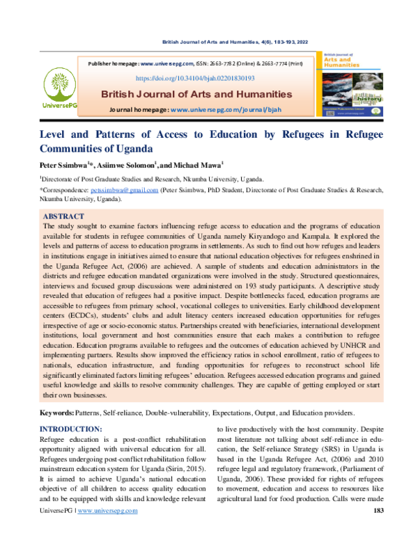 (PDF) Level and Patterns of Access to Education by Refugees in Refugee ...