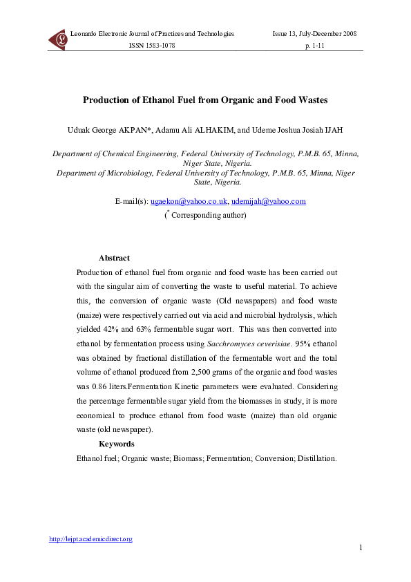 (PDF) Production of Ethanol Fuel from Organic and Food Wastes