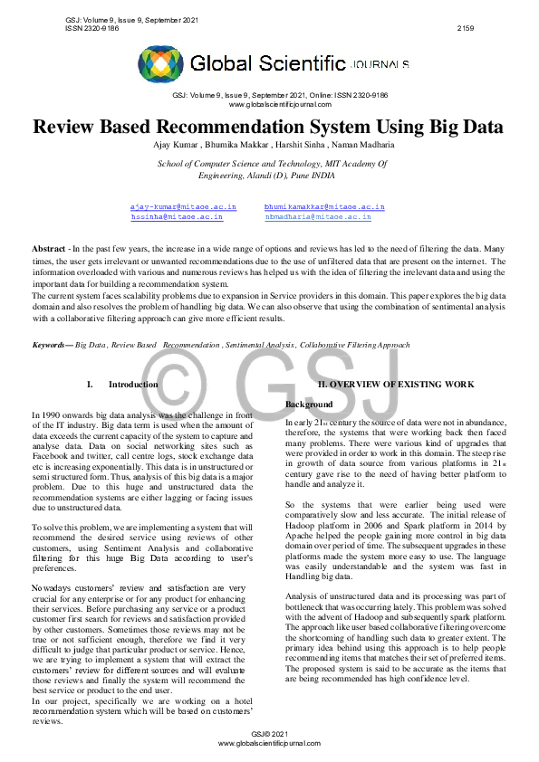 (PDF) Review Based Recommendation System Using Big Data